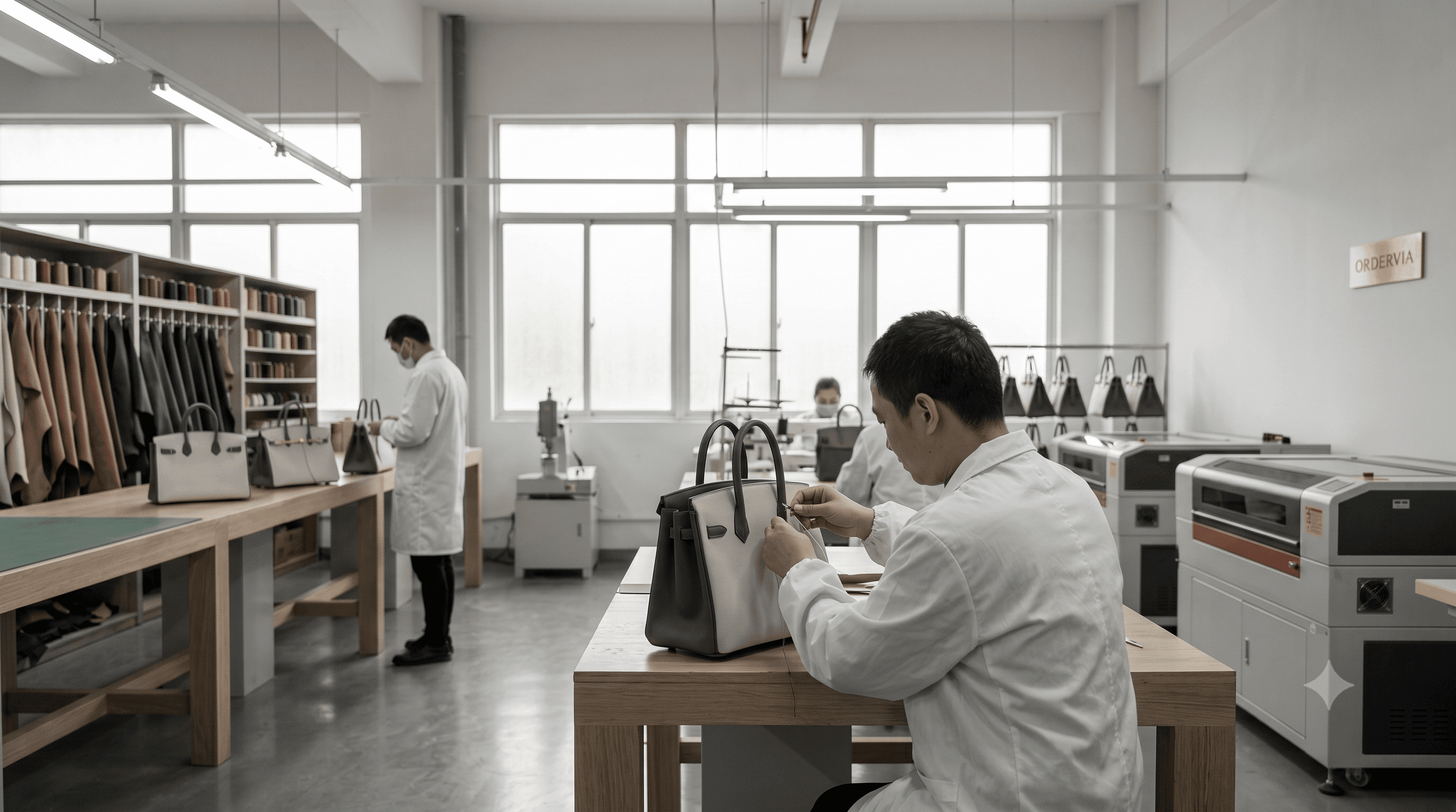 Craftsmen assembling premium handbags